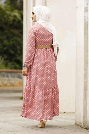 Puantiye Desenli Elbise 180SB-8733 Pudra - Thumbnail
