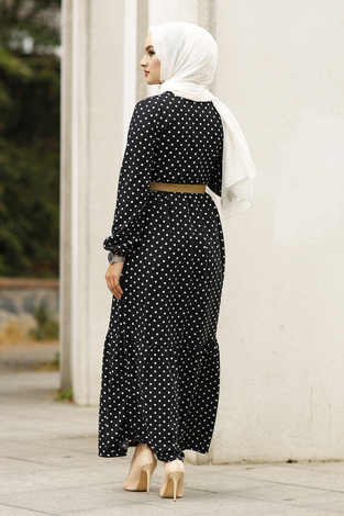 Puantiye Desenli Elbise 180SB-8733 Siyah - Thumbnail