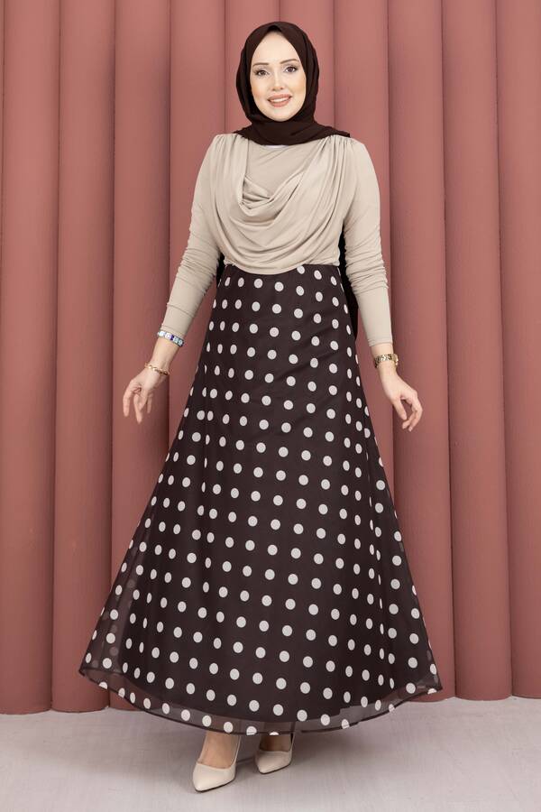 Svs - Puantiye Desenli Şifon Tül Etek Kahve