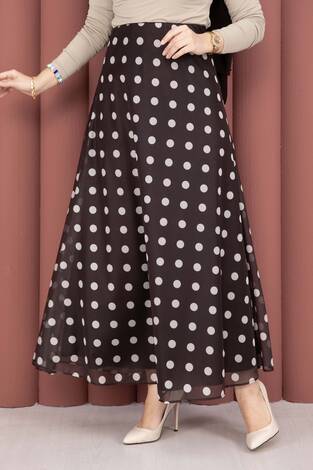 Puantiye Desenli Şifon Tül Etek Kahve - Thumbnail