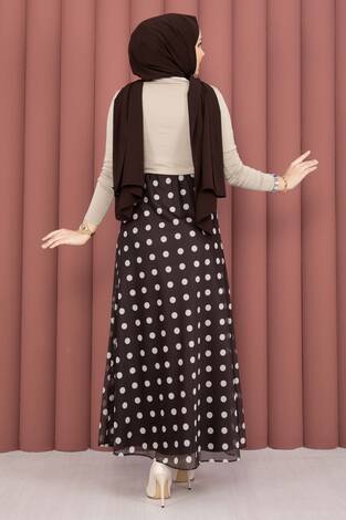 Puantiye Desenli Şifon Tül Etek Kahve - Thumbnail