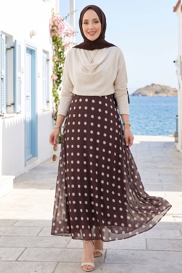 Svs - Puantiye Desenli Şifon Tül Etek Kahve