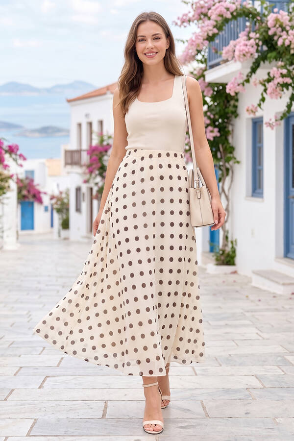 Svs - Puantiye Desenli Şifon Tül Etek Krem