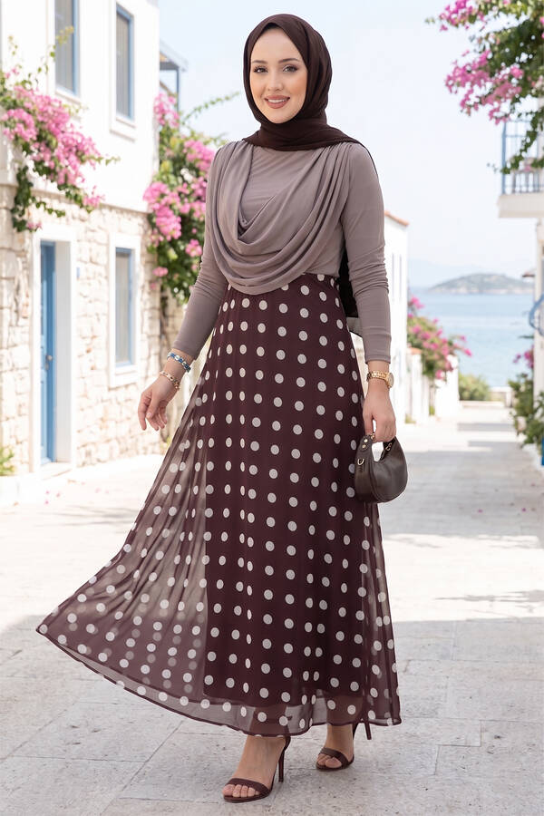 Svs - Puantiye Desenli Şifon Tül Etek Mürdüm