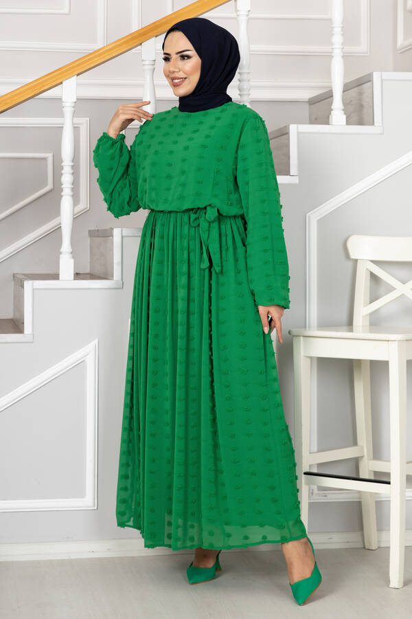 Puffy Kuşaklı Tesettür Elbise Çimen Yeşili