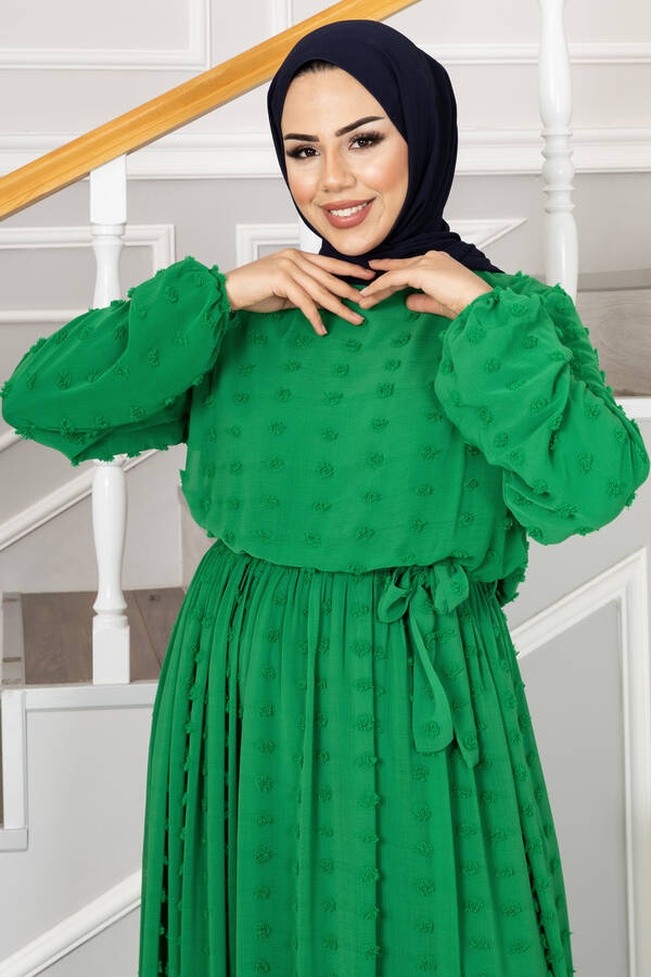Puffy Kuşaklı Tesettür Elbise Çimen Yeşili