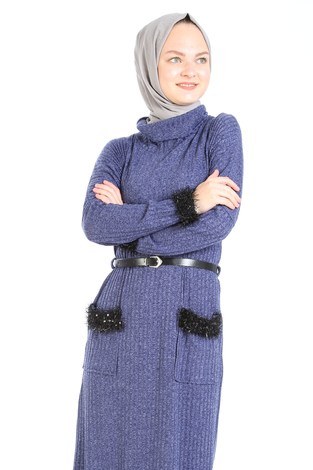 Pul Payet Detaylı Elbise 1389-08 indigo - Thumbnail