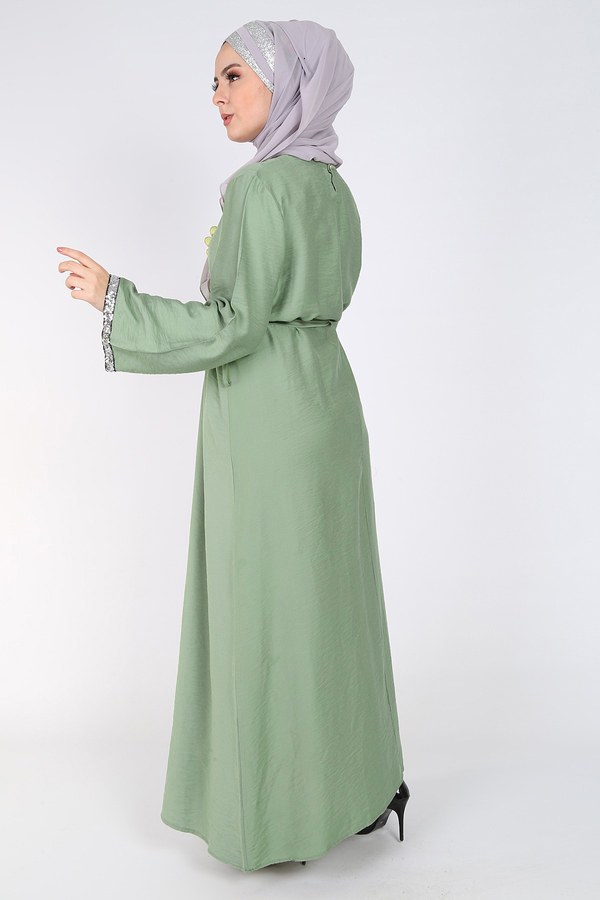 Pul Payet Detaylı Keten Elbise 5603-06
