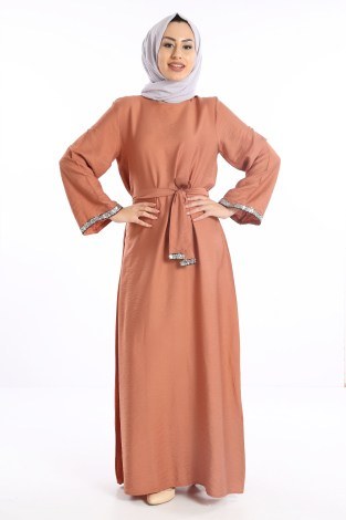 Pul Payet Detaylı Keten Elbise 5603-07 - Thumbnail