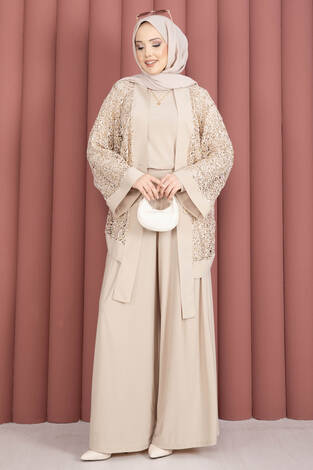 Pul Payetli Ajurlu Üçlü Takım Bej - Thumbnail