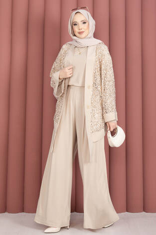 Pul Payetli Ajurlu Üçlü Takım Bej - Thumbnail