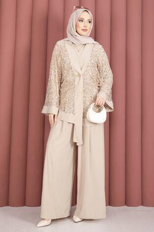 Pul Payetli Ajurlu Üçlü Takım Bej - Thumbnail
