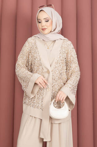Pul Payetli Ajurlu Üçlü Takım Bej - Thumbnail