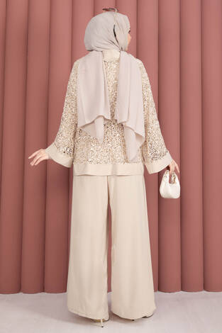 Pul Payetli Ajurlu Üçlü Takım Bej - Thumbnail