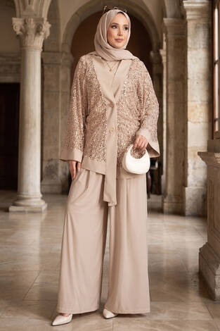 Pul Payetli Ajurlu Üçlü Takım Bej - Thumbnail