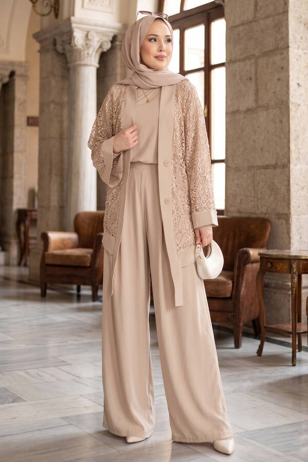 Pol - Pul Payetli Ajurlu Üçlü Takım Bej