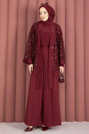 Pul Payetli Ajurlu Üçlü Takım Bordo - Thumbnail