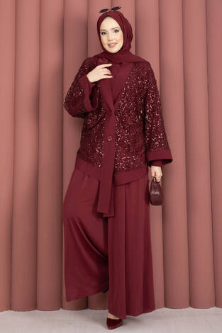Pul Payetli Ajurlu Üçlü Takım Bordo - Thumbnail