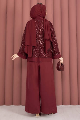 Pul Payetli Ajurlu Üçlü Takım Bordo - Thumbnail