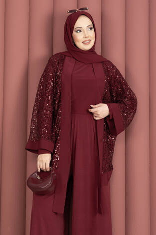 Pul Payetli Ajurlu Üçlü Takım Bordo - Thumbnail