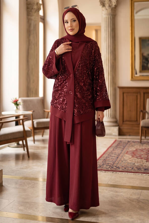 Pul Payetli Ajurlu Üçlü Takım Bordo - 3