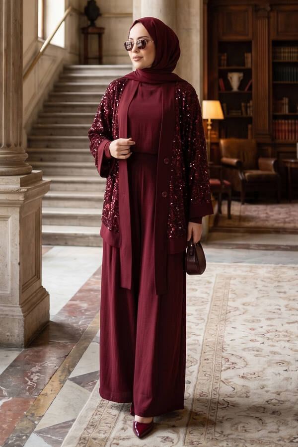 Pol - Pul Payetli Ajurlu Üçlü Takım Bordo