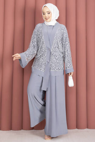 Pul Payetli Ajurlu Üçlü Takım Gri - Thumbnail