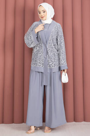 Pul Payetli Ajurlu Üçlü Takım Gri - Thumbnail