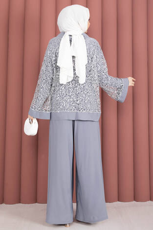 Pul Payetli Ajurlu Üçlü Takım Gri - Thumbnail