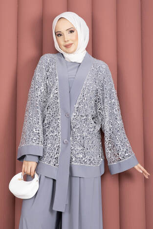 Pul Payetli Ajurlu Üçlü Takım Gri - Thumbnail