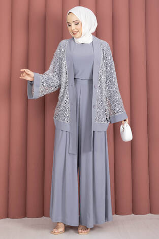 Pul Payetli Ajurlu Üçlü Takım Gri - Thumbnail