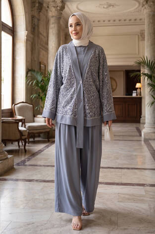 Pul Payetli Ajurlu Üçlü Takım Gri - Thumbnail