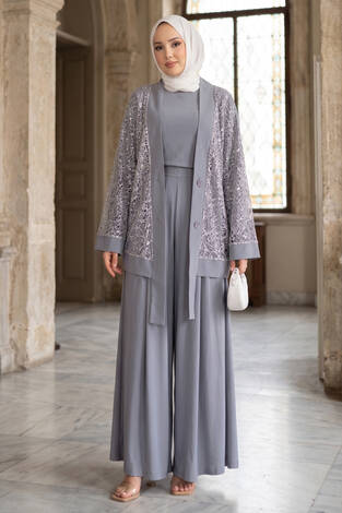Pul Payetli Ajurlu Üçlü Takım Gri - Thumbnail
