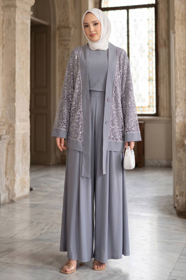 Pol - Pul Payetli Ajurlu Üçlü Takım Gri