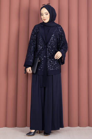 Pul Payetli Ajurlu Üçlü Takım Lacivert - Thumbnail