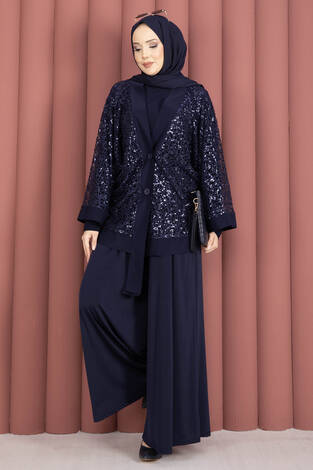 Pul Payetli Ajurlu Üçlü Takım Lacivert - Thumbnail