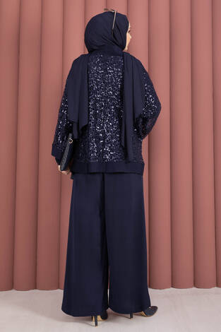Pul Payetli Ajurlu Üçlü Takım Lacivert - Thumbnail
