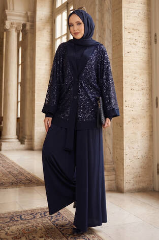 Pul Payetli Ajurlu Üçlü Takım Lacivert - Thumbnail