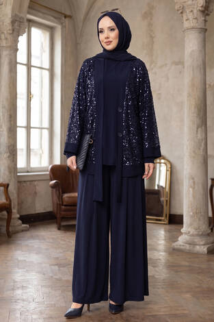 Pul Payetli Ajurlu Üçlü Takım Lacivert