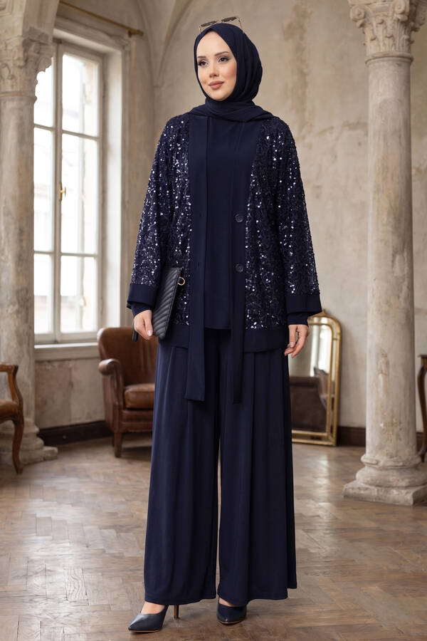 Pol - Pul Payetli Ajurlu Üçlü Takım Lacivert