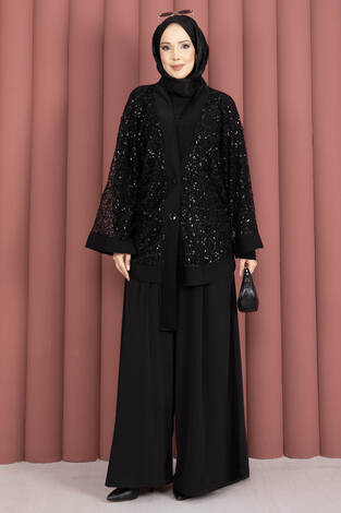 Pul Payetli Ajurlu Üçlü Takım Siyah - Thumbnail