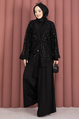 Pul Payetli Ajurlu Üçlü Takım Siyah - Thumbnail