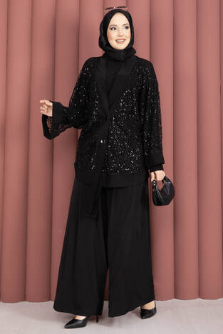 Pul Payetli Ajurlu Üçlü Takım Siyah - Thumbnail