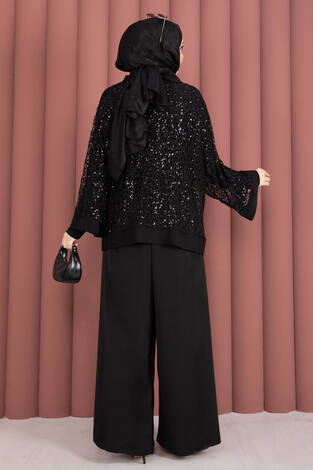 Pul Payetli Ajurlu Üçlü Takım Siyah - Thumbnail