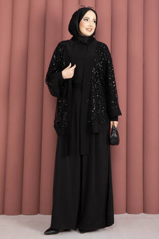 Pul Payetli Ajurlu Üçlü Takım Siyah - Thumbnail