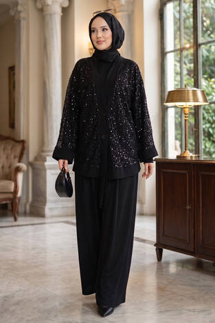 Pul Payetli Ajurlu Üçlü Takım Siyah - Thumbnail