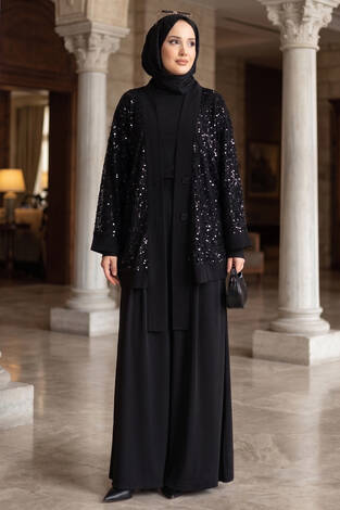 Pul Payetli Ajurlu Üçlü Takım Siyah - Thumbnail