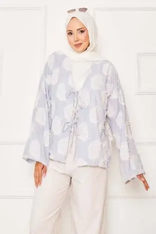 Püskül Detay Önü Bağlamalı Kimono İndigo - Thumbnail