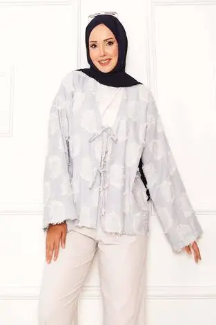 Püskül Detay Önü Bağlamalı Kimono Lacivert - Thumbnail