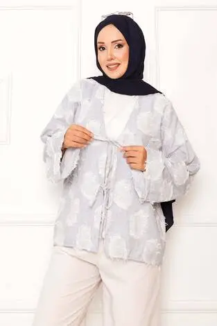 Püskül Detay Önü Bağlamalı Kimono Lacivert - Thumbnail